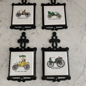 Set‎ Of 4 Ceramic and Cast Iron Trivets Featuring Old Fashioned Cars - 6½ x 3¾